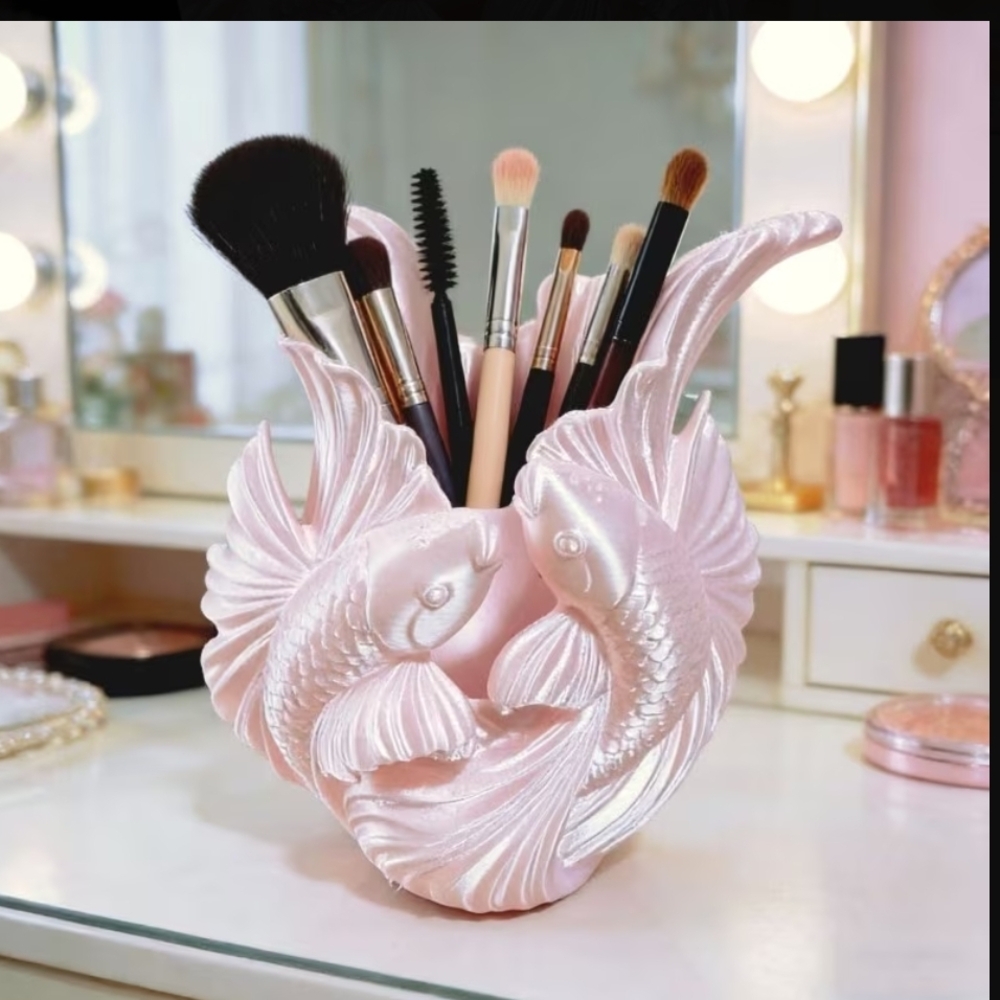 Pink Ceramic Koi Fish Makeup Brush Holder - Elegant Home Accents